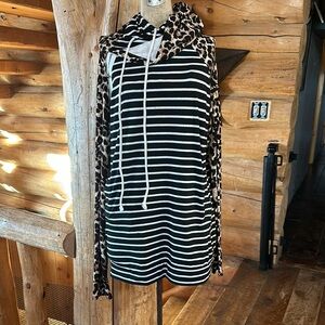 Striped Hoodie with Leopard Print Accents